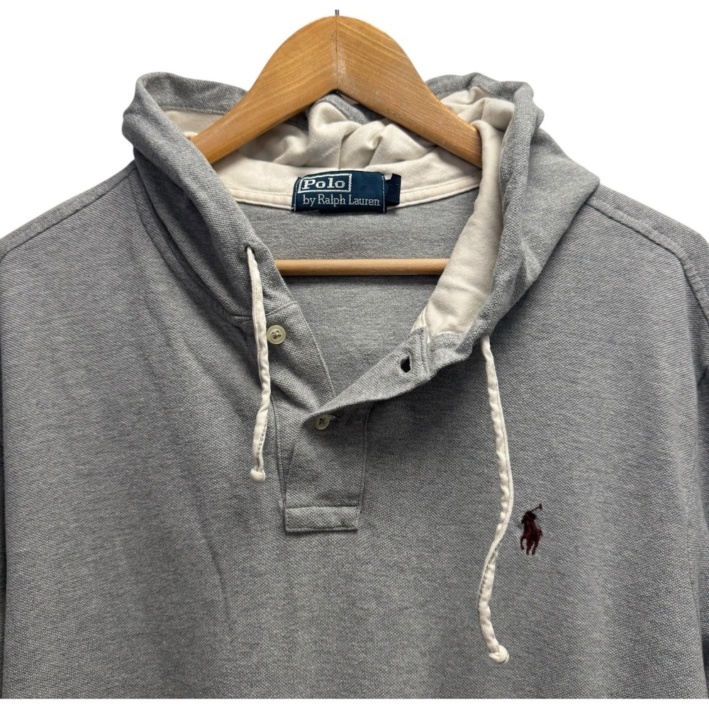 Polo Ralph Lauren Mens Size XL Gray Long Sleeve Hooded Pony Pique Polo Shirt guc